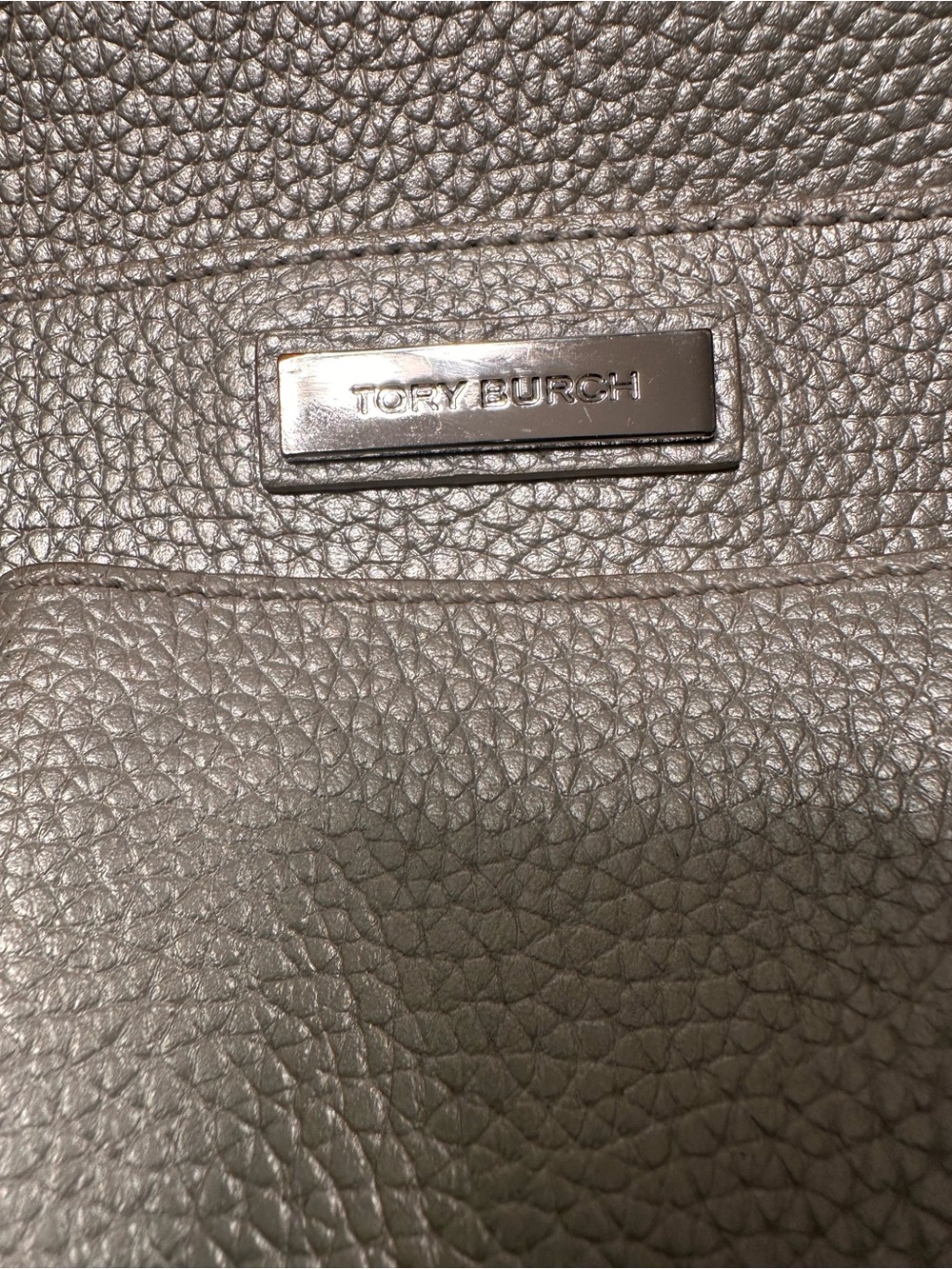 Tory Burch Metallic Taupe Pebbled Faux Leather Tote - Picture 2 of 6